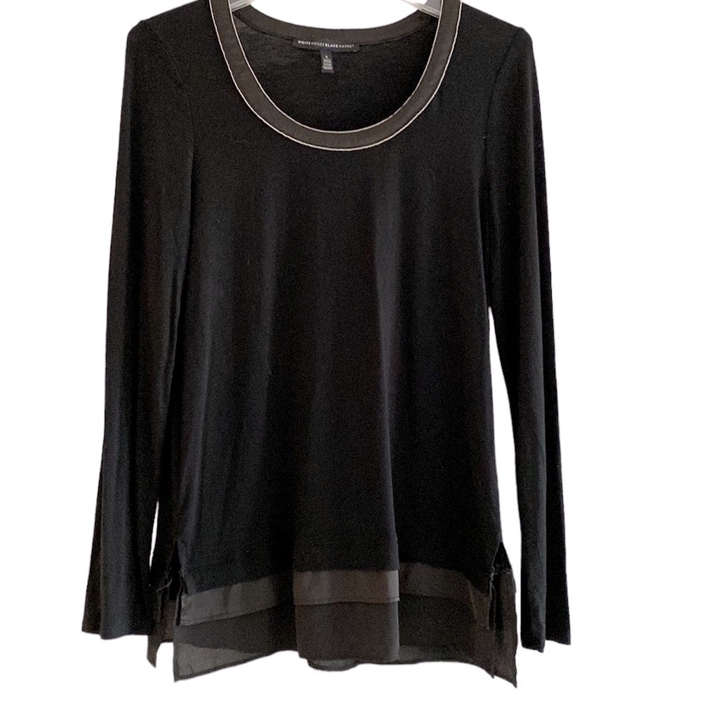 White House Black Market WHBM top blouse black dressy long sleeve satin trim S
C